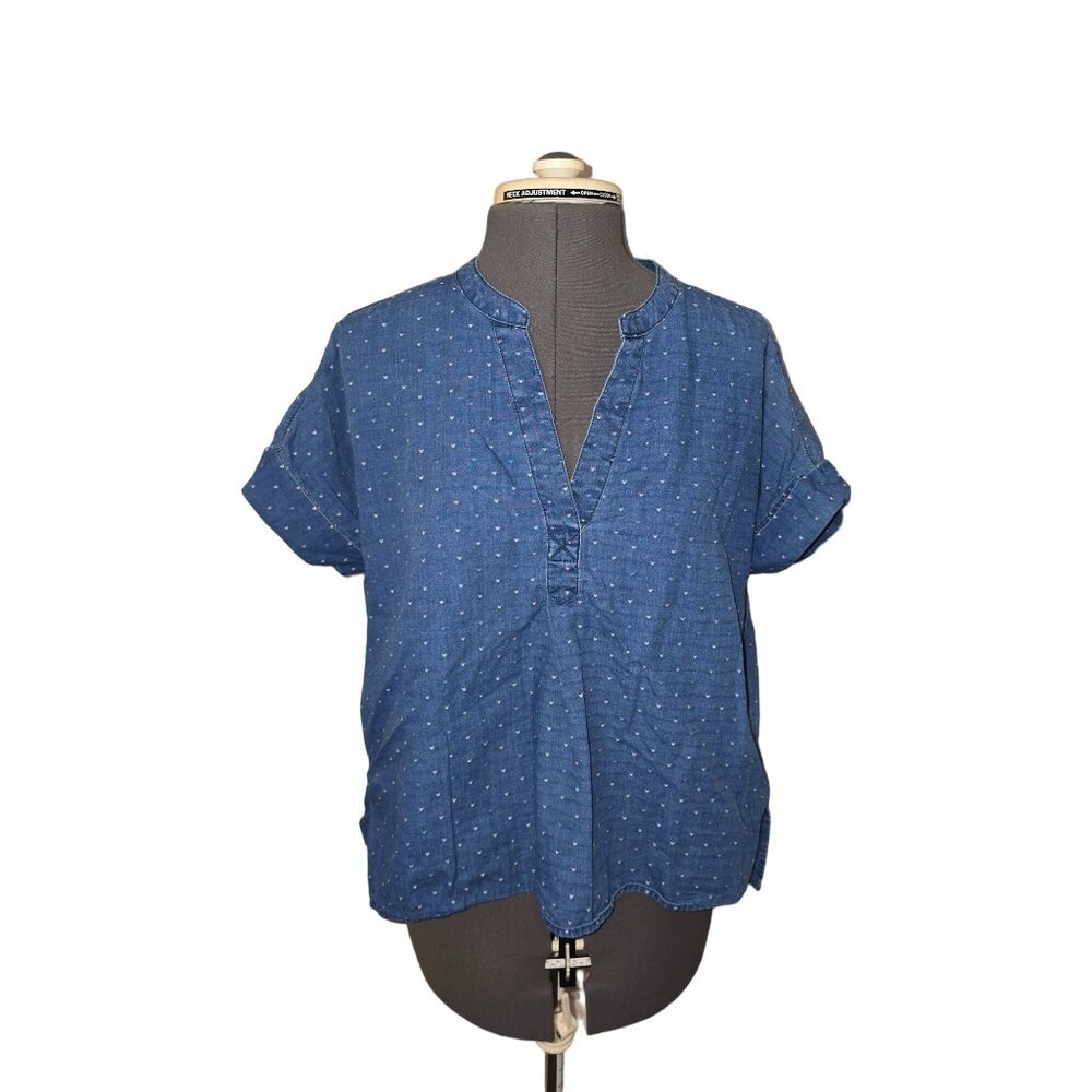 Madewell Womens XXS Indigo Lakeline Popover Shirt Rainbow Heart Embroidered